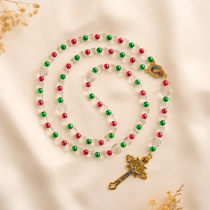 FREE Today: Red Green Festive Clear Cube Transparent Rosary With Marian Medal & Gilded Crucifix - image 3
