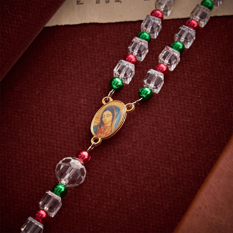 Christianartworkshop Red Green Festive Clear Cube Transparent Rosary With Marian Medal & Gilded Crucifix - image 8