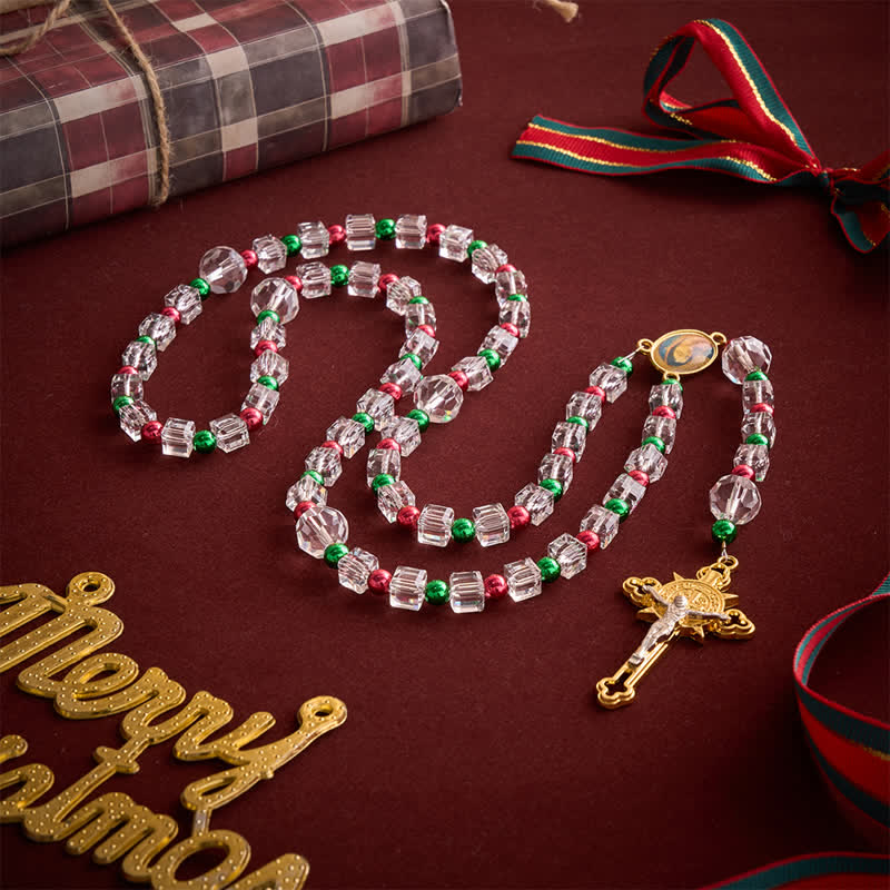 Christianartworkshop Red Green Festive Clear Cube Transparent Rosary With Marian Medal & Gilded Crucifix - Christmas-styled Rosary - image 0