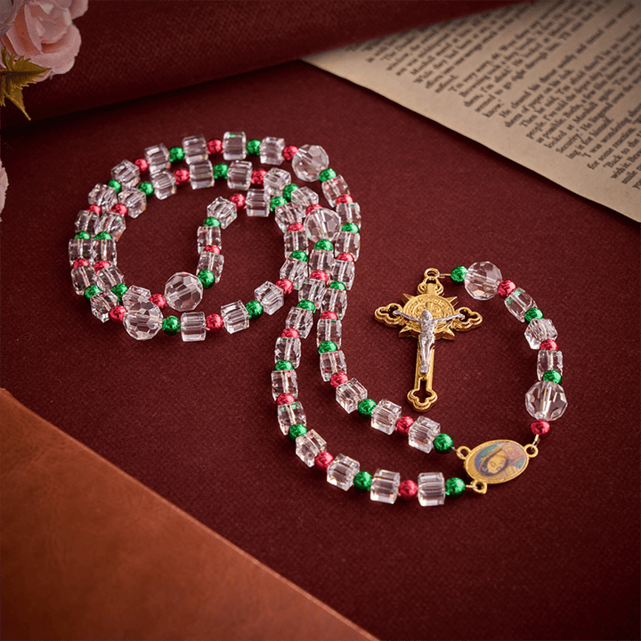 Christianartworkshop Red Green Festive Clear Cube Transparent Rosary With Marian Medal & Gilded Crucifix - image 5