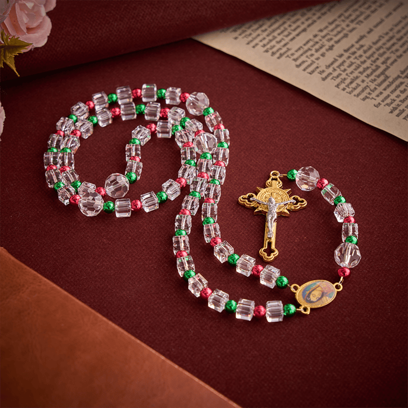 FREE Today: Red Green Festive Clear Cube Transparent Rosary With Marian Medal & Gilded Crucifix - image 5