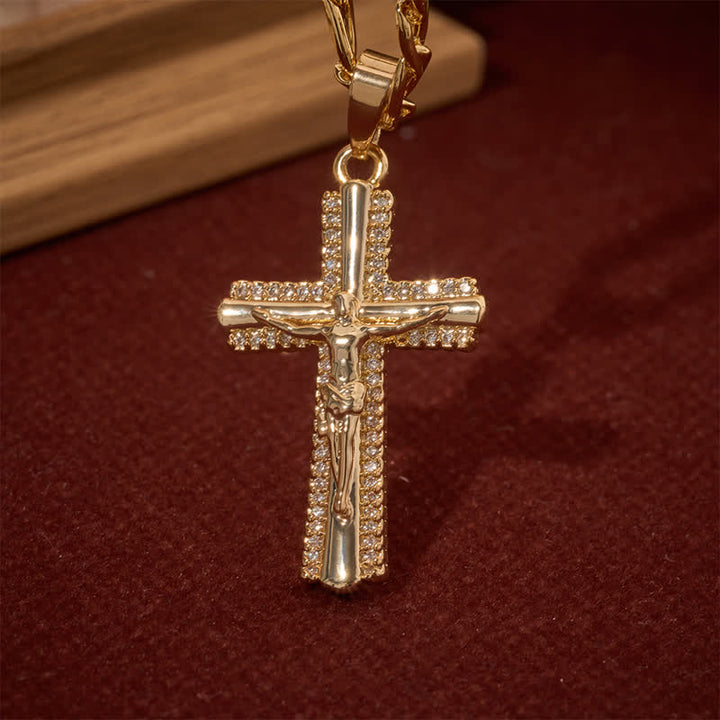 Christianartworkshop Sleek Inlaid Copper Crucifix Stainless Steel Figaro Link Necklace - image 5