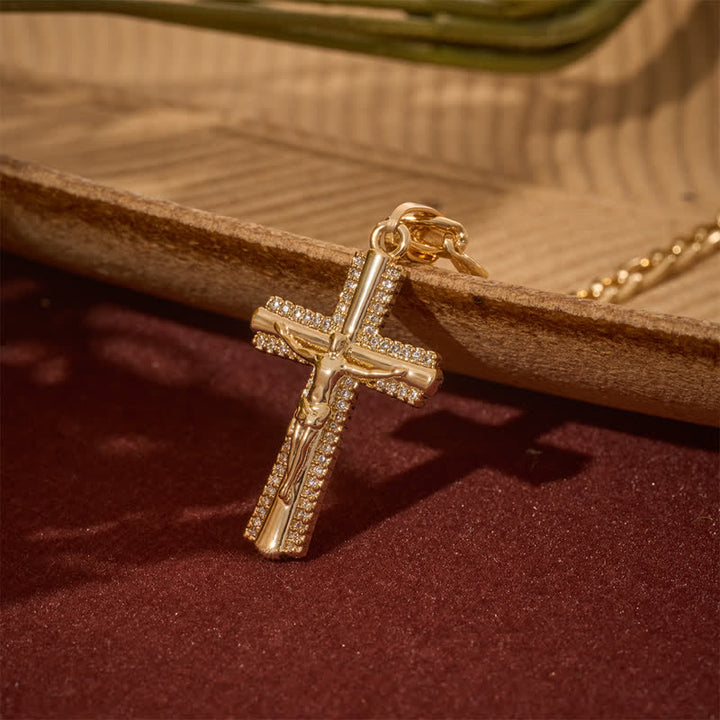 Christianartworkshop Sleek Inlaid Copper Crucifix Stainless Steel Figaro Link Necklace - image 3