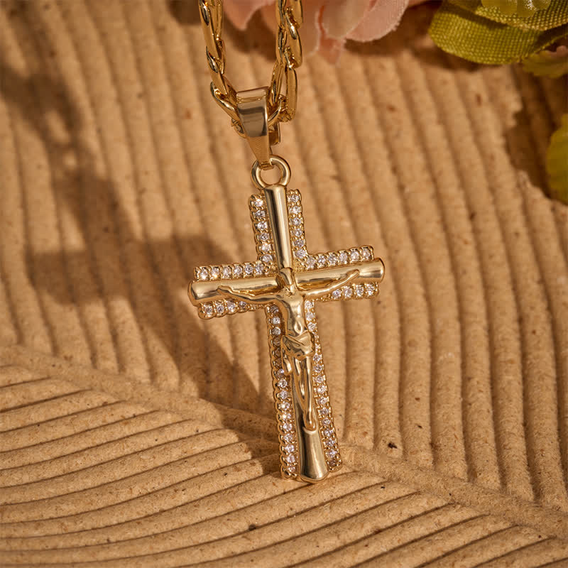 Christianartworkshop Sleek Inlaid Copper Crucifix Stainless Steel Figaro Link Necklace - image 4