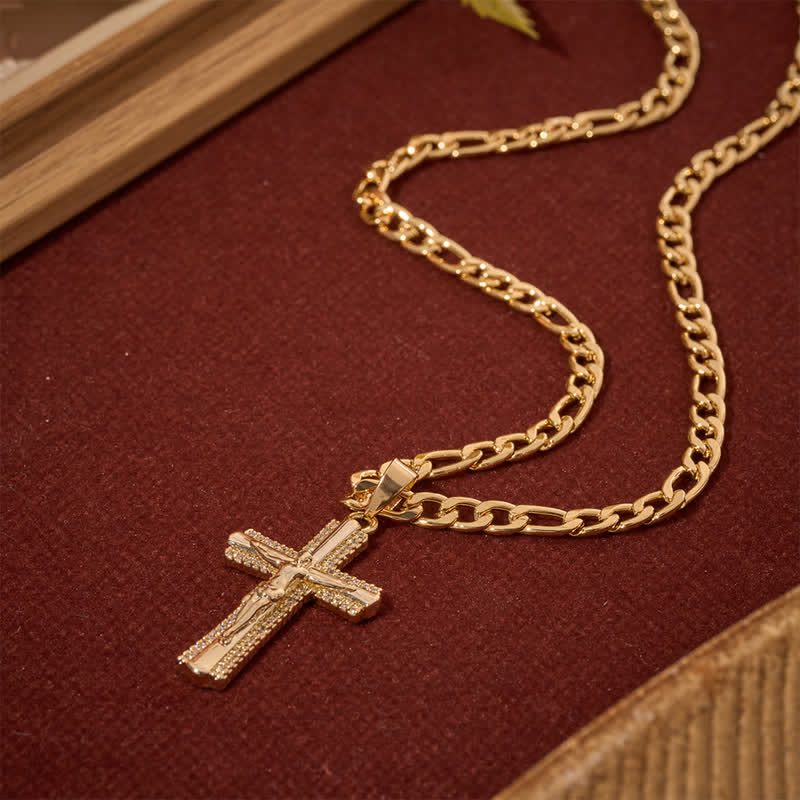 Christianartworkshop Sleek Inlaid Copper Crucifix Stainless Steel Figaro Link Necklace - image 1