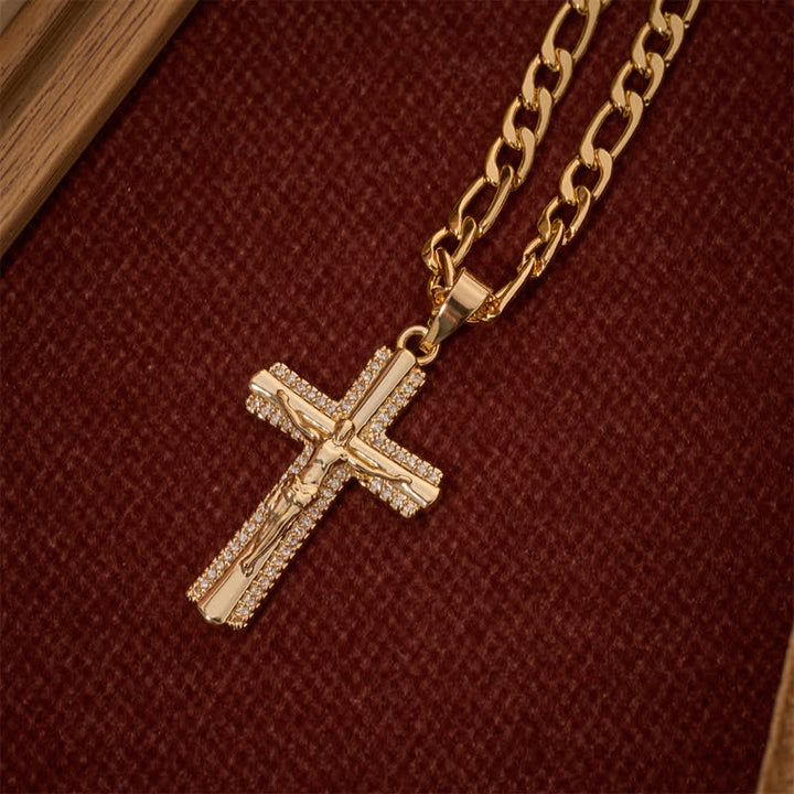 Christianartworkshop Sleek Inlaid Copper Crucifix Stainless Steel Figaro Link Necklace - image 2