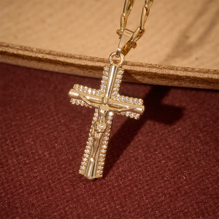 Christianartworkshop Sleek Inlaid Copper Crucifix Stainless Steel Figaro Link Necklace - Crucifix - image 0