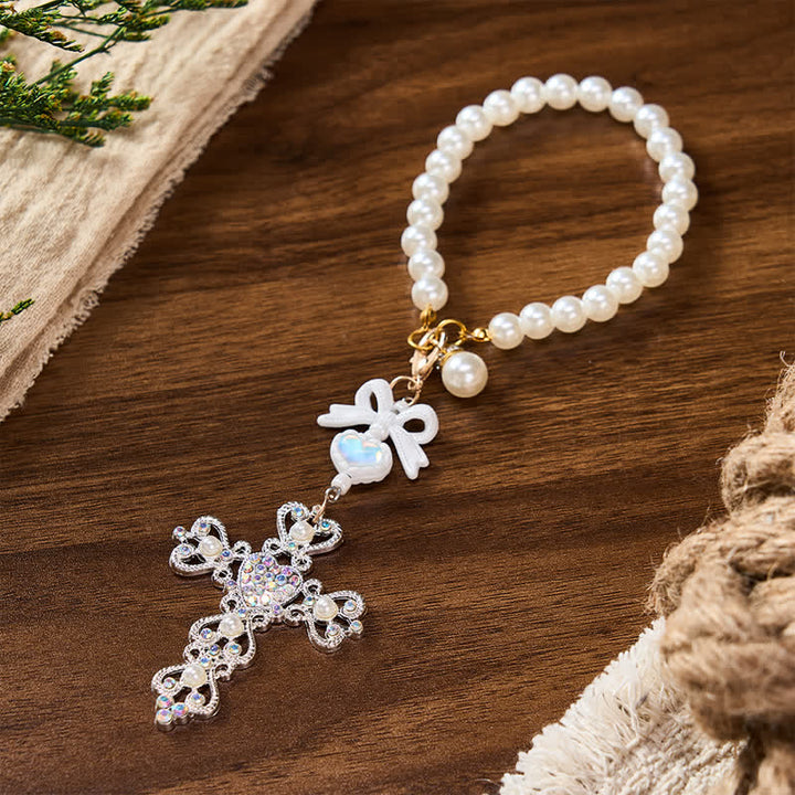 Christianartworkshop Pearl Bow Rhinestone Cross Zinc Alloy Car Pendant - image 3