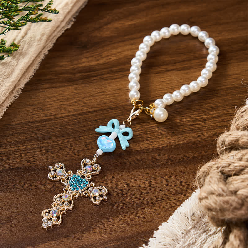 Christianartworkshop Pearl Bow Rhinestone Cross Zinc Alloy Car Pendant - image 15