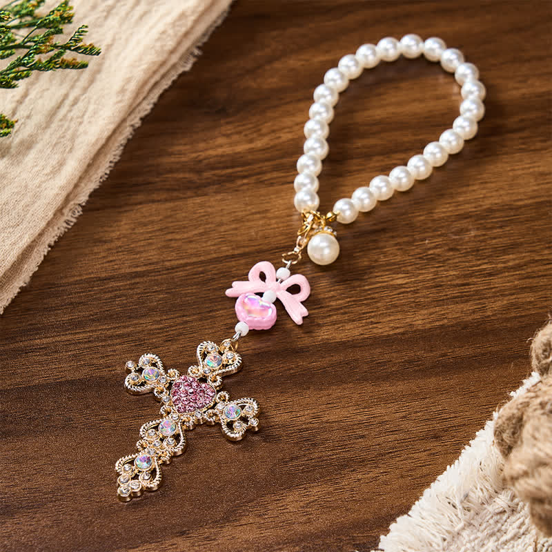 Christianartworkshop Pearl Bow Rhinestone Cross Zinc Alloy Car Pendant - image 11