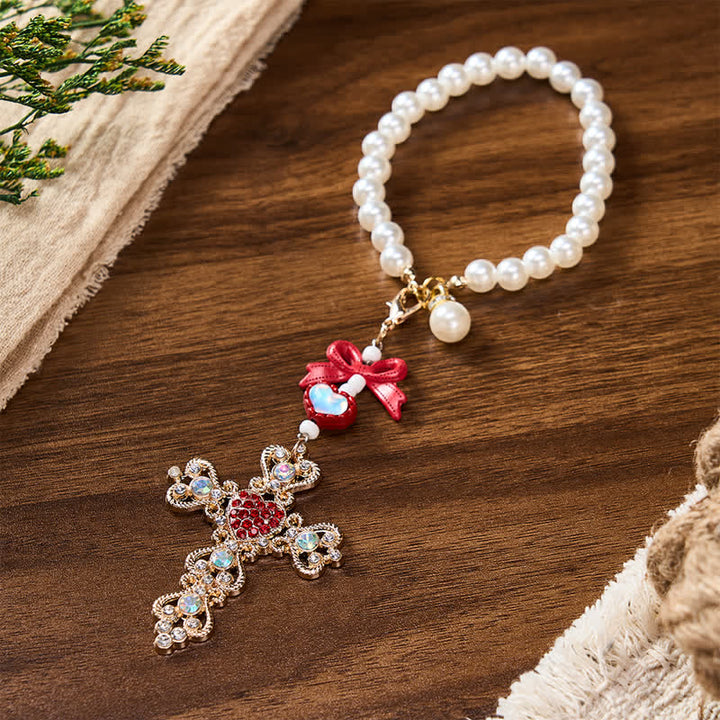 Christianartworkshop Pearl Bow Rhinestone Cross Zinc Alloy Car Pendant - image 7