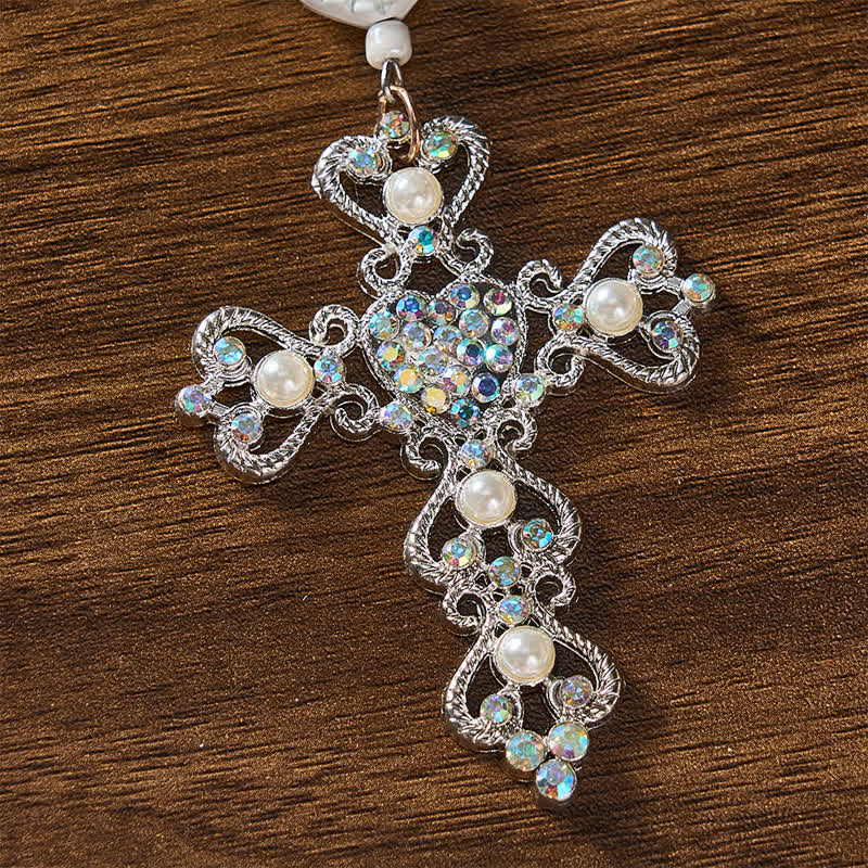 Christianartworkshop Pearl Bow Rhinestone Cross Zinc Alloy Car Pendant - image 5