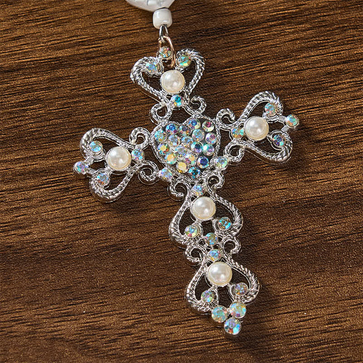 Christianartworkshop Pearl Bow Rhinestone Cross Zinc Alloy Car Pendant - image 5