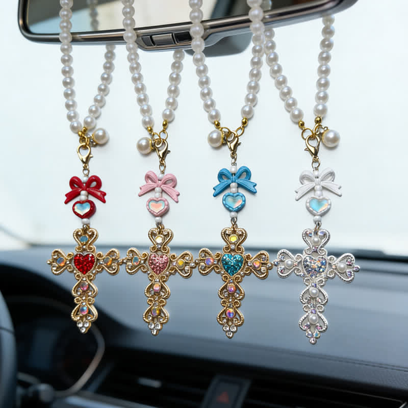 Christianartworkshop Pearl Bow Rhinestone Cross Zinc Alloy Car Pendant - image 1