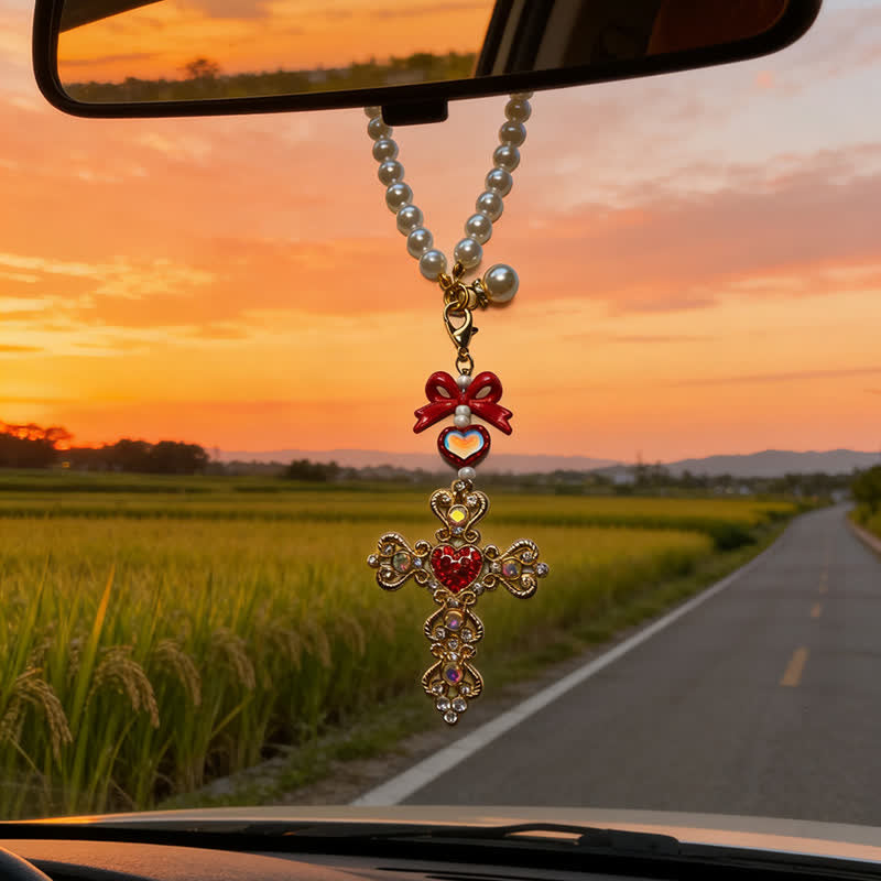 Christianartworkshop Pearl Bow Rhinestone Cross Zinc Alloy Car Pendant - Red - image 6