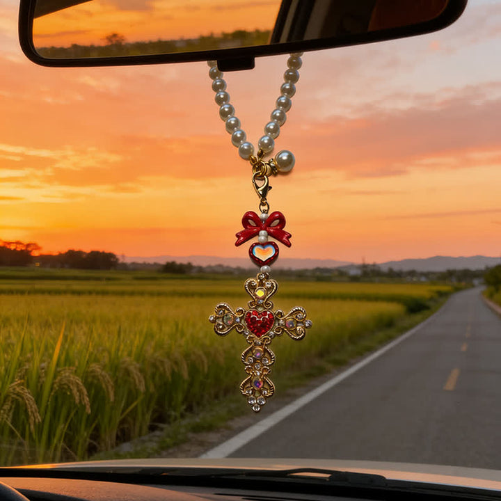 Christianartworkshop Pearl Bow Rhinestone Cross Zinc Alloy Car Pendant - Red - image 6