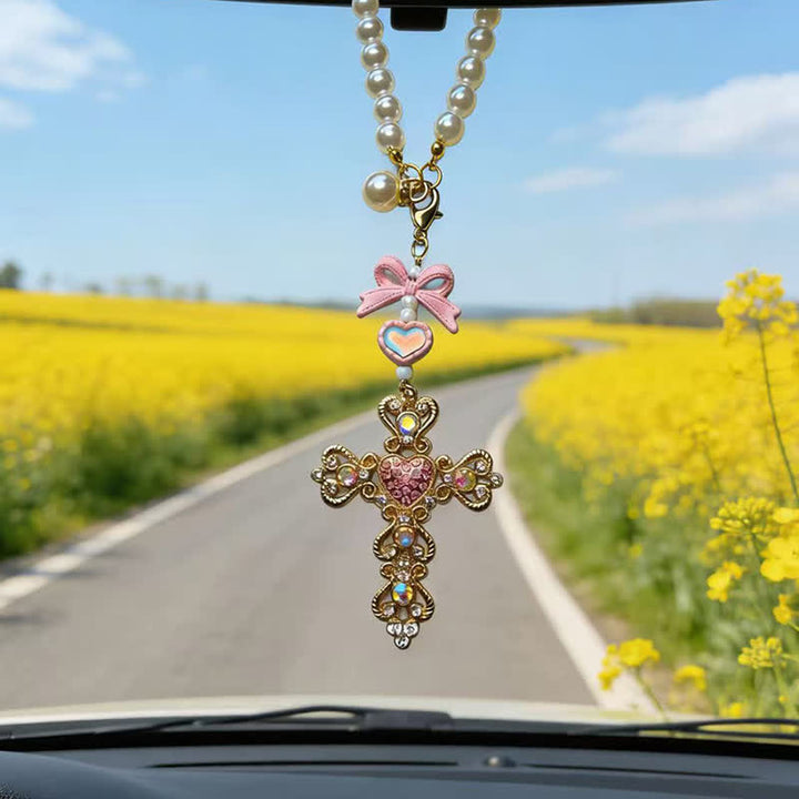 Christianartworkshop Pearl Bow Rhinestone Cross Zinc Alloy Car Pendant - Pink - image 10