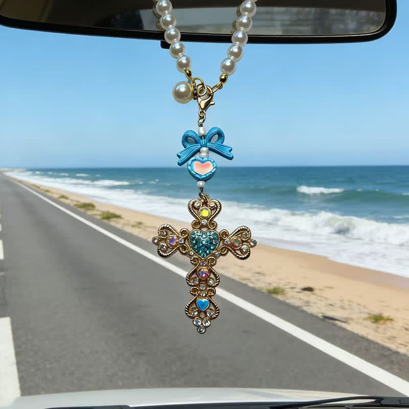 Christianartworkshop Pearl Bow Rhinestone Cross Zinc Alloy Car Pendant - Blue - image 14