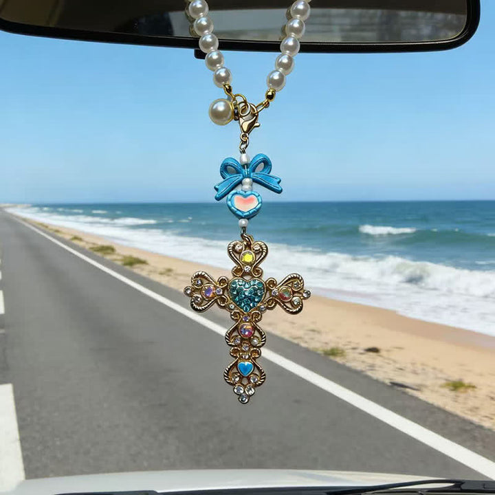 Christianartworkshop Pearl Bow Rhinestone Cross Zinc Alloy Car Pendant - Blue - image 14