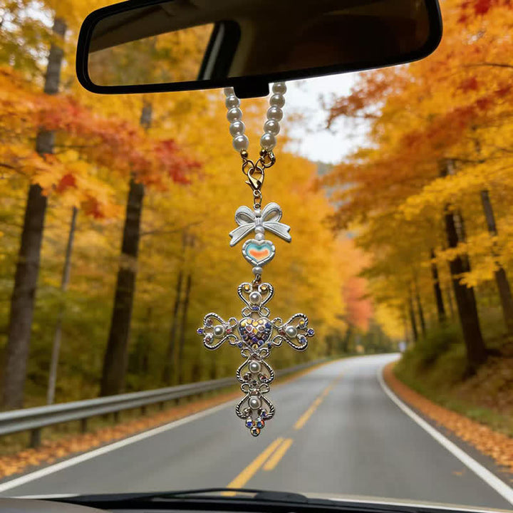 Christianartworkshop Pearl Bow Rhinestone Cross Zinc Alloy Car Pendant - White - image 2