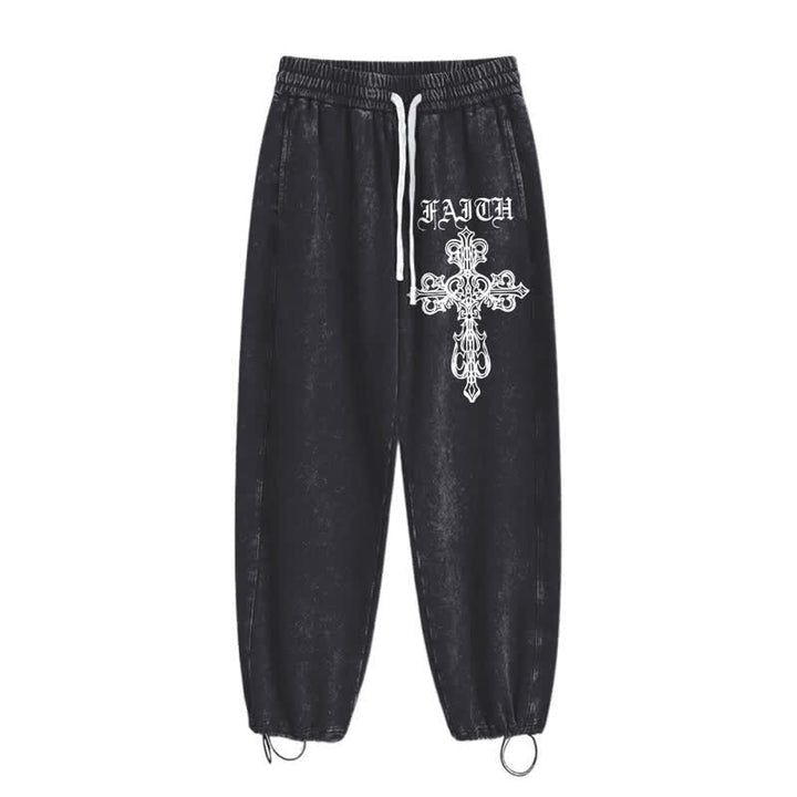 Christianartworkshop Walk By Faith Gothic Cross Black Washed Sweatpants - image 2