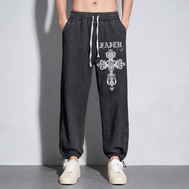 Christianartworkshop Walk By Faith Gothic Cross Black Washed Sweatpants - image 6