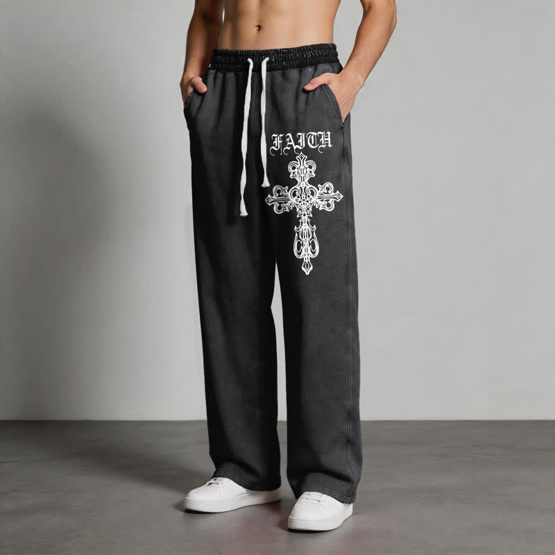 Christianartworkshop Walk By Faith Gothic Cross Black Washed Sweatpants - image 4