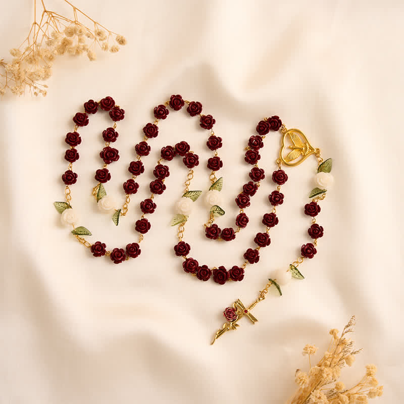 Christianartworkshop Crimson Rose Prayer Rosary With Holy Spirit Heart Medal & Rose Cross - image 2