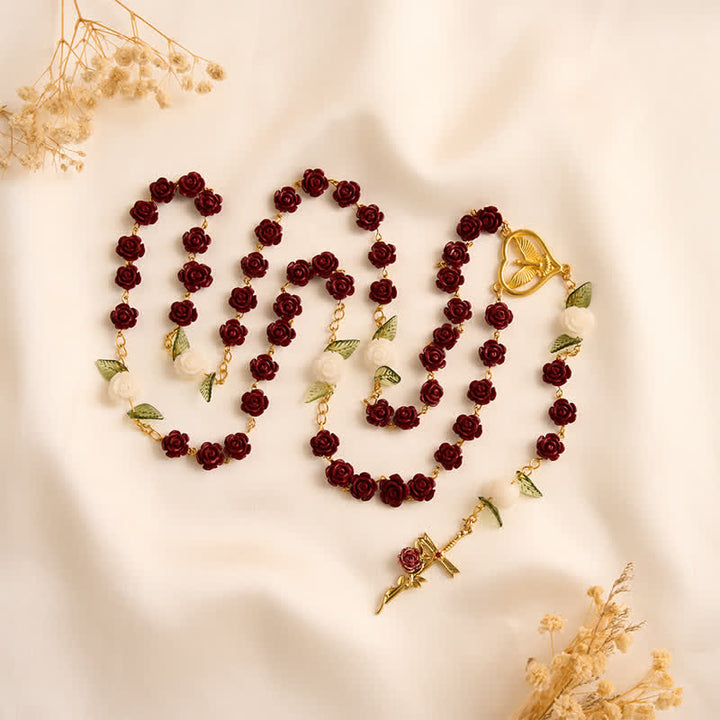 Christianartworkshop Crimson Rose Prayer Rosary With Holy Spirit Heart Medal & Rose Cross - image 2