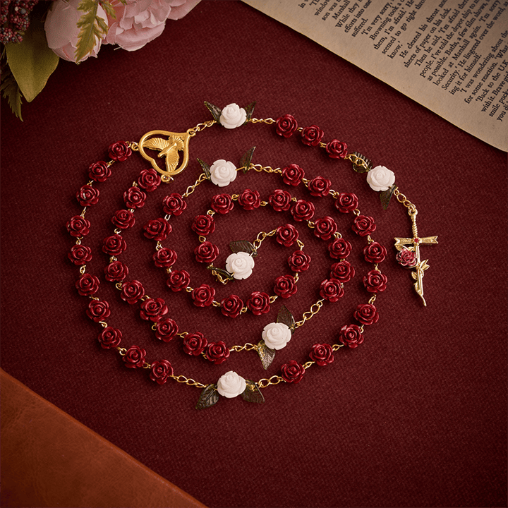 Christianartworkshop Crimson Rose Prayer Rosary With Holy Spirit Heart Medal & Rose Cross - image 4