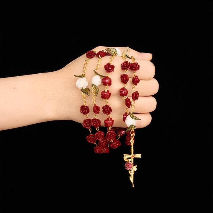 Christianartworkshop Crimson Rose Prayer Rosary With Holy Spirit Heart Medal & Rose Cross - image 1