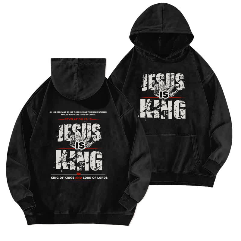 Christianartworkshop Jesus Is King Vintage Front And Back Print Washed Hoodie - Black - 5XL - image 0