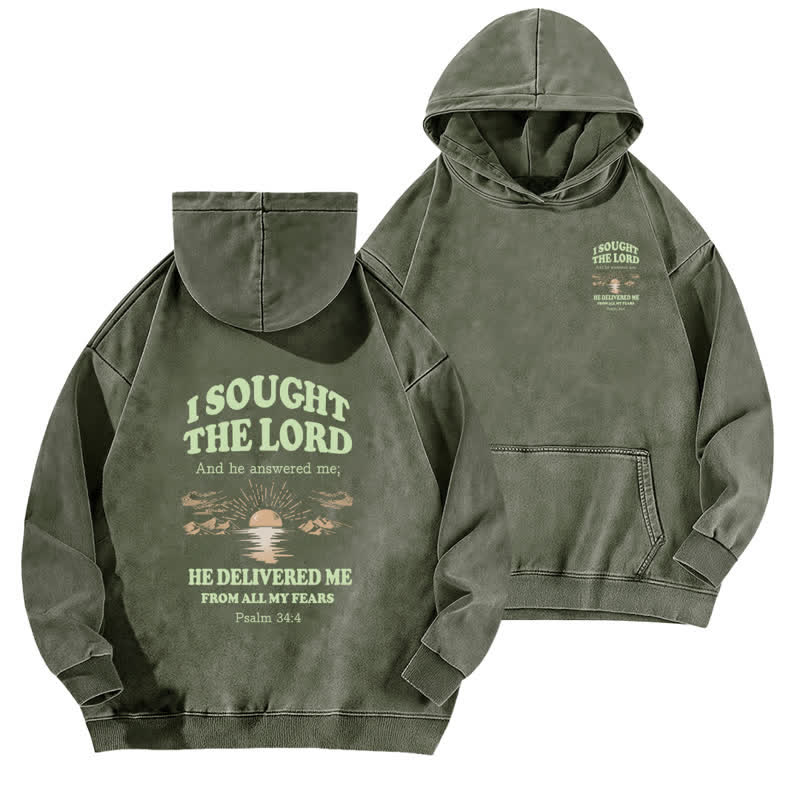 Christianartworkshop I Sought The Lord Vintage Olive Washed Hoodie - Army Green - 5XL - image 0