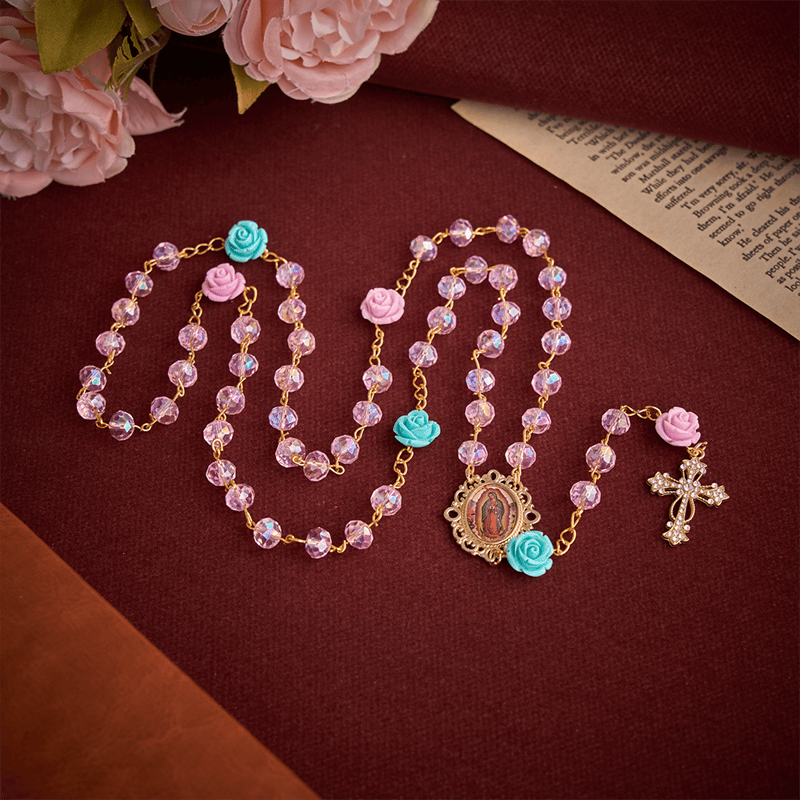 Christianartworkshop Translucent Blush Faceted Rose Rosary With Our Lady of Guadalupe Medal & Jeweled Cross - image 3