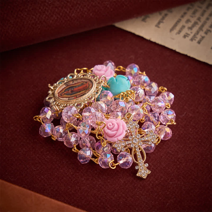 Christianartworkshop Translucent Blush Faceted Rose Rosary With Our Lady of Guadalupe Medal & Jeweled Cross - image 2