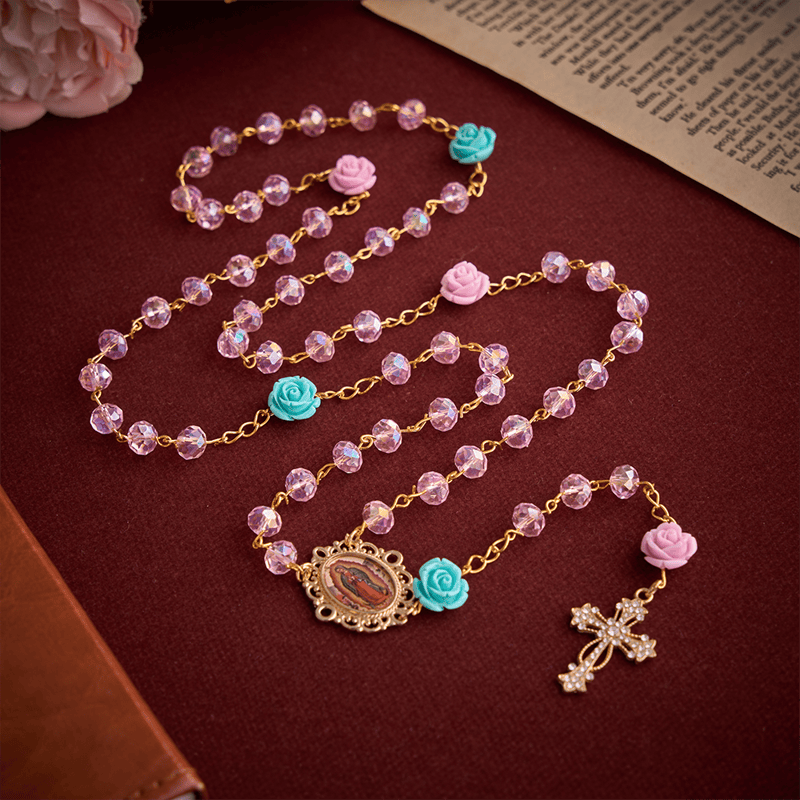 Christianartworkshop Translucent Blush Faceted Rose Rosary With Our Lady of Guadalupe Medal & Jeweled Cross - Pastel Pink Rosary - image 0