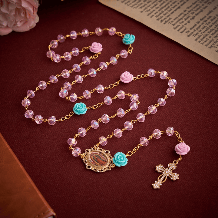 Christianartworkshop Translucent Blush Faceted Rose Rosary With Our Lady of Guadalupe Medal & Jeweled Cross - Pastel Pink Rosary - image 0