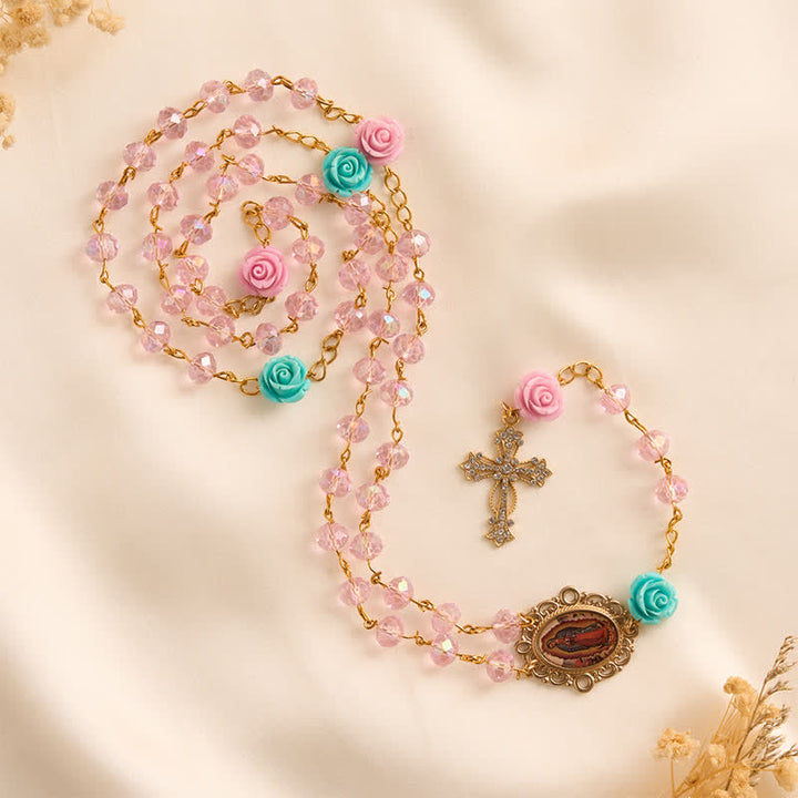 Christianartworkshop Translucent Blush Faceted Rose Rosary With Our Lady of Guadalupe Medal & Jeweled Cross - image 5