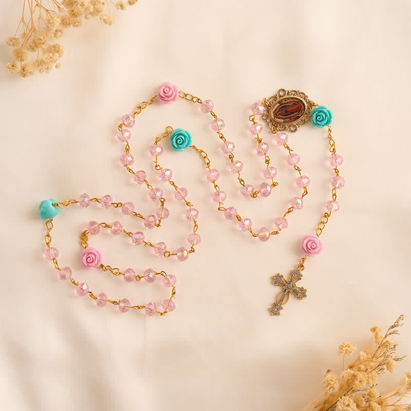 Christianartworkshop Translucent Blush Faceted Rose Rosary With Our Lady of Guadalupe Medal & Jeweled Cross - image 4