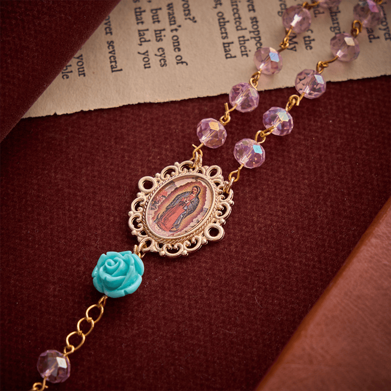 Christianartworkshop Translucent Blush Faceted Rose Rosary With Our Lady of Guadalupe Medal & Jeweled Cross - image 7