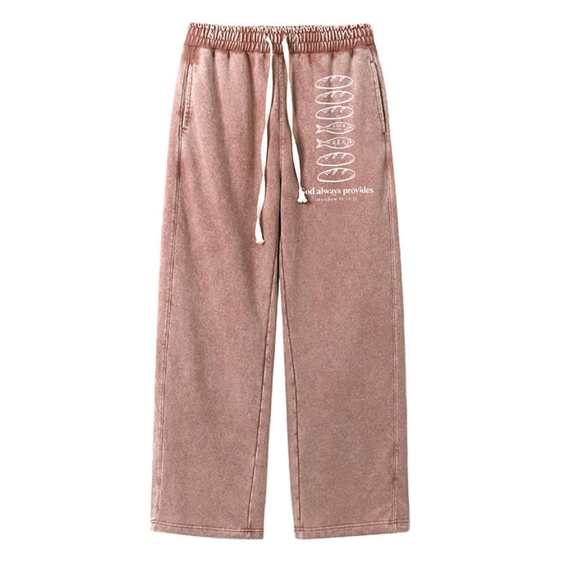 Christianartworkshop God Always Provides Fish Graphic Washed Sweatpants - Brown - 2XL - image 40