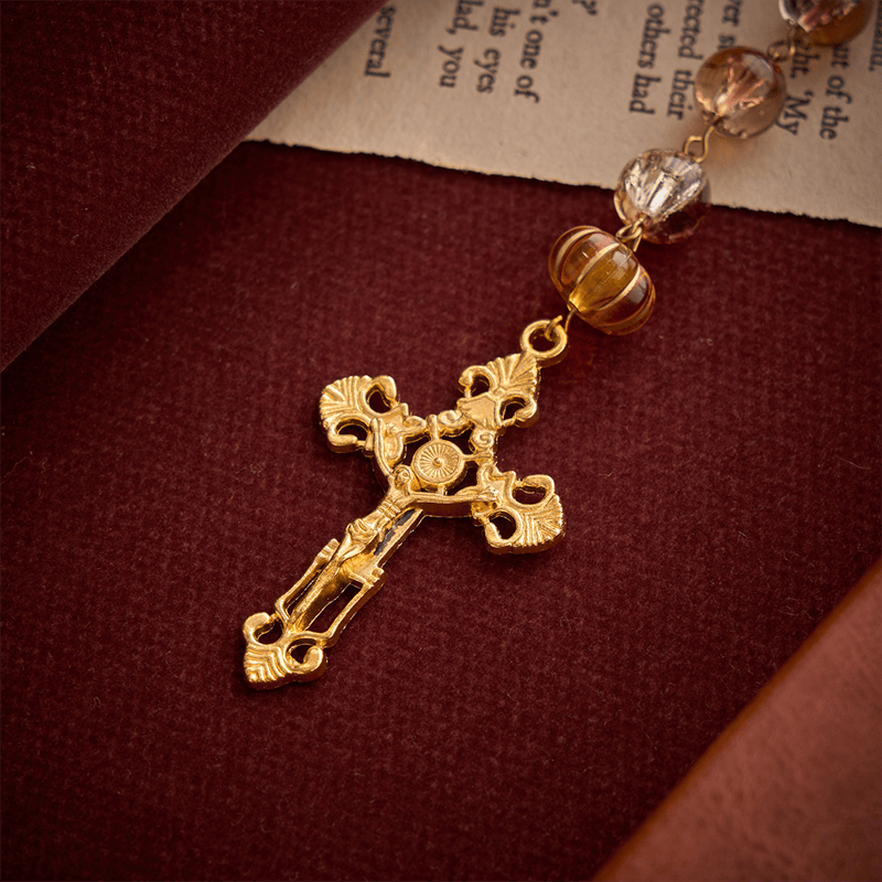 Christianartworkshop Thanksgiving Warm Amber Pumpkin Harvest Rosary With Holy Spirit Medal & Gilded Crucifix - image 6