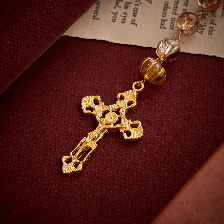 Christianartworkshop Thanksgiving Warm Amber Pumpkin Harvest Rosary With Holy Spirit Medal & Gilded Crucifix - image 6