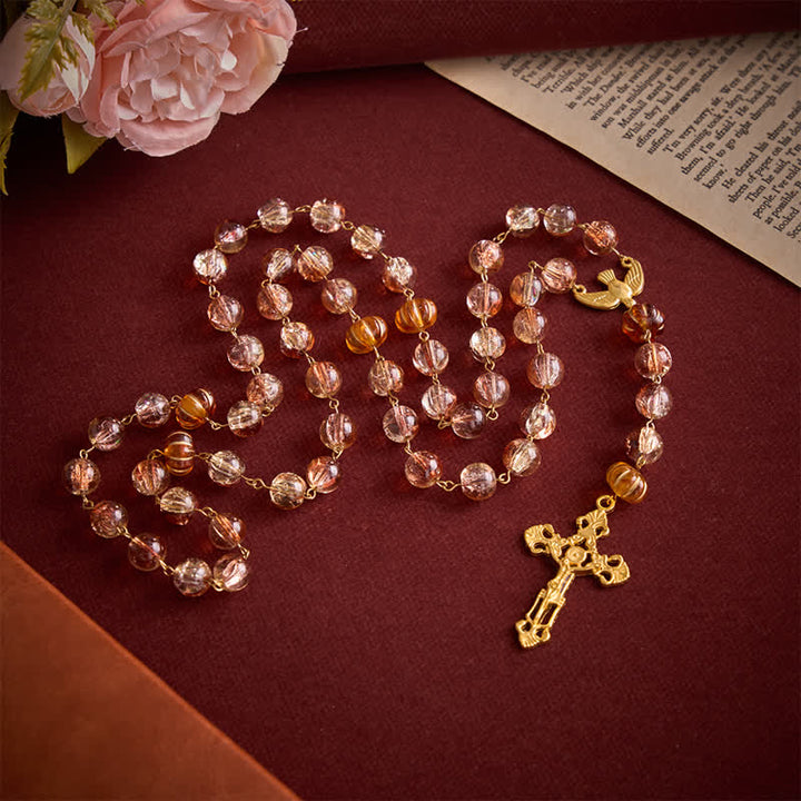 Christianartworkshop Thanksgiving Warm Amber Pumpkin Harvest Rosary With Holy Spirit Medal & Gilded Crucifix - image 2
