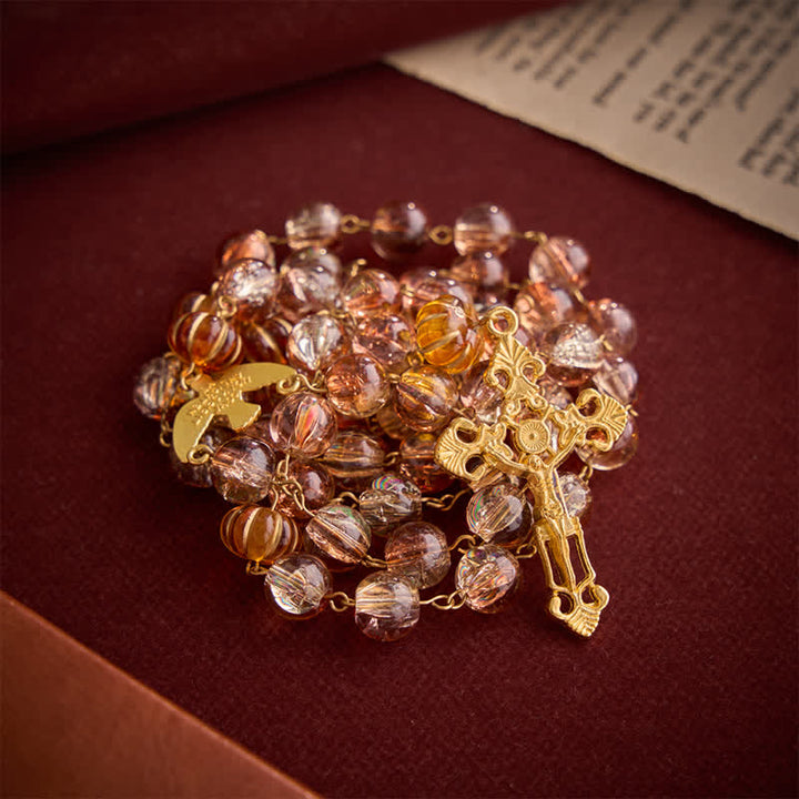 Christianartworkshop Thanksgiving Warm Amber Pumpkin Harvest Rosary With Holy Spirit Medal & Gilded Crucifix - image 3
