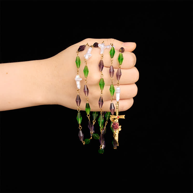 Christianartworkshop Purple Emerald Elongated Diamond-Cut Rosary With Marian Medal & Rose Cross - image 1