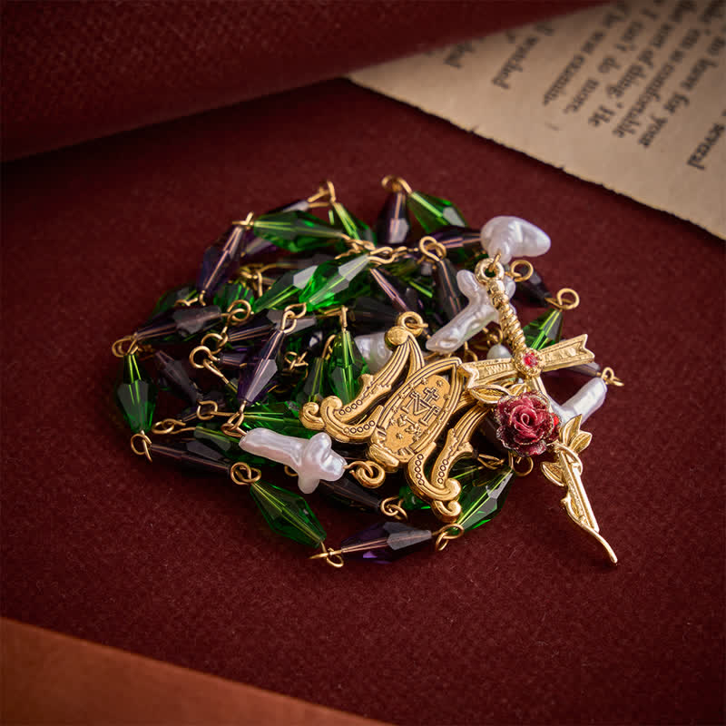Christianartworkshop Purple Emerald Elongated Diamond-Cut Rosary With Marian Medal & Rose Cross - Purple & Green Cross Rosary - image 0
