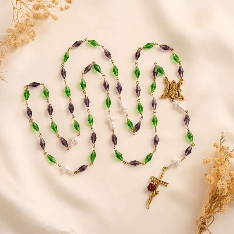 Christianartworkshop Purple Emerald Elongated Diamond-Cut Rosary With Marian Medal & Rose Cross - image 3