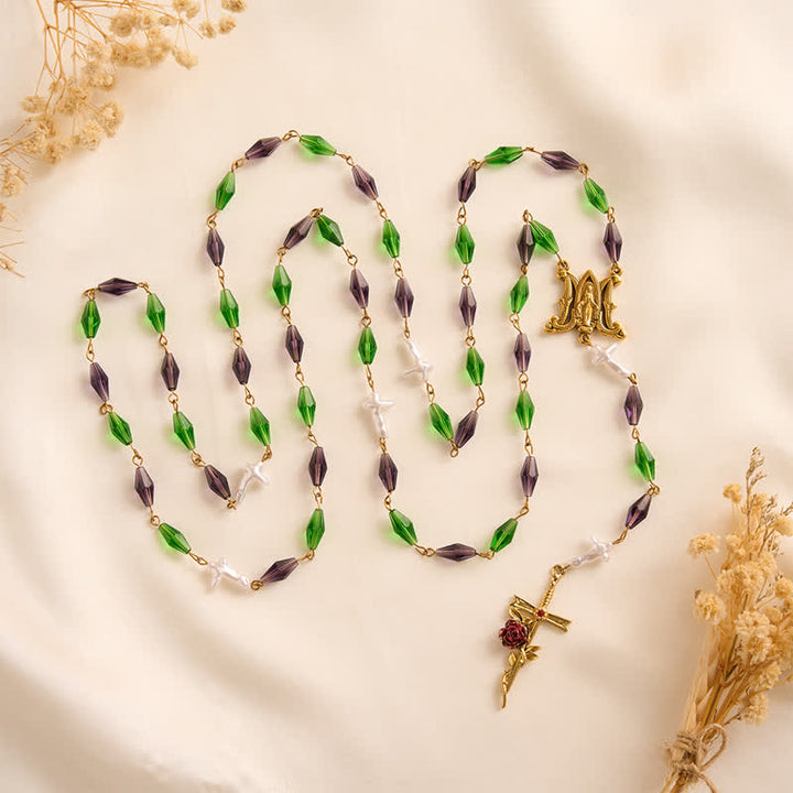 Christianartworkshop Purple Emerald Elongated Diamond-Cut Rosary With Marian Medal & Rose Cross - image 3