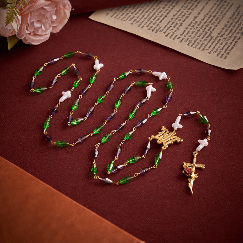 Christianartworkshop Purple Emerald Elongated Diamond-Cut Rosary With Marian Medal & Rose Cross - image 4